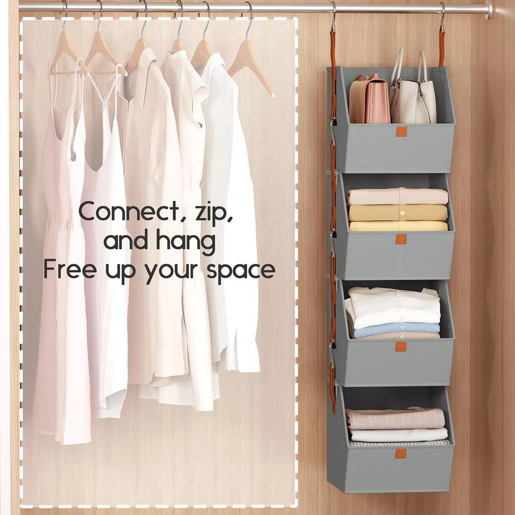 4 Tier Hanging Closet Organizer Large Capacity Foldable Clothes Organizer Rack Storage Bins Bedroom Organization Bag