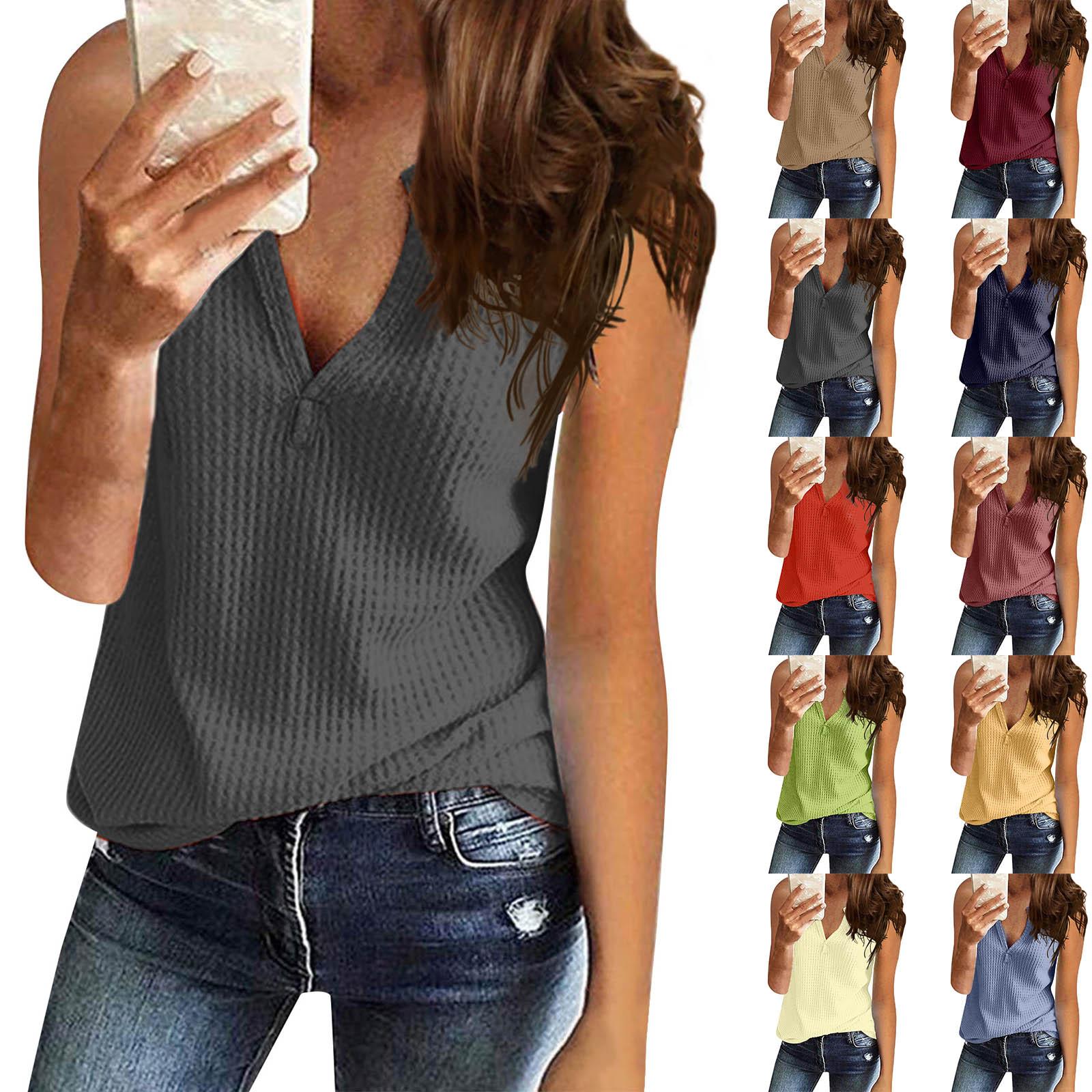 

Женская мода, однотонная повседневная футболка без рукавов с v-образным вырезом, топ