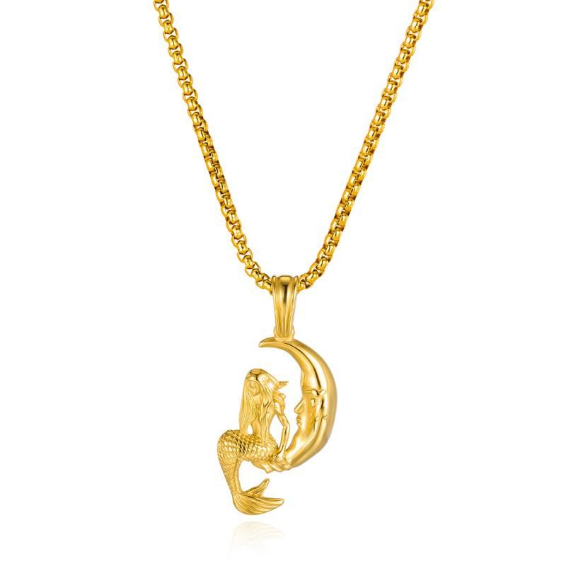 European American Versatile Personalized Necklace Men's Stainless Steel Trendy Creative Design Mermaid Moon Titanium Accessories