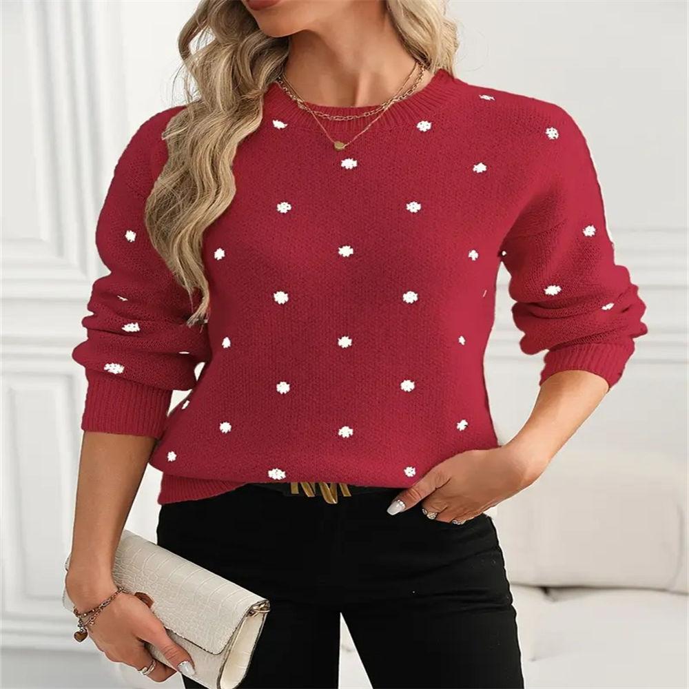 Women's Autumn & Winter Polka Dot Jacquard Crew Neck Pullover, Elegant Loose Knit Sweater S-XL