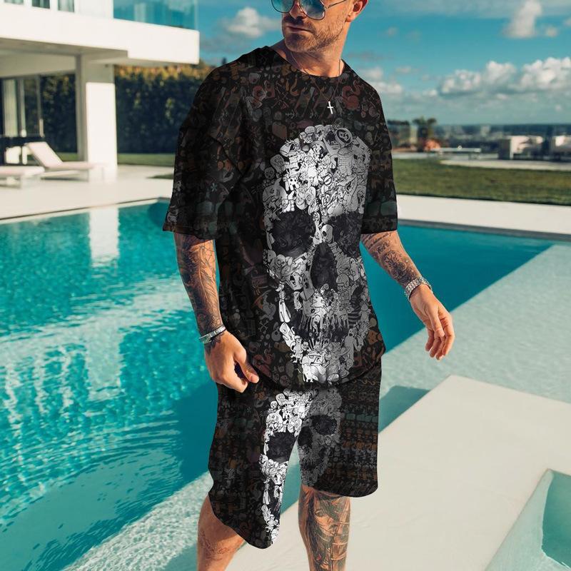 Men's Summer 3D Skull Leisure Set Fashionable Comfortable Loose Color Blocked Printed Sport Wear