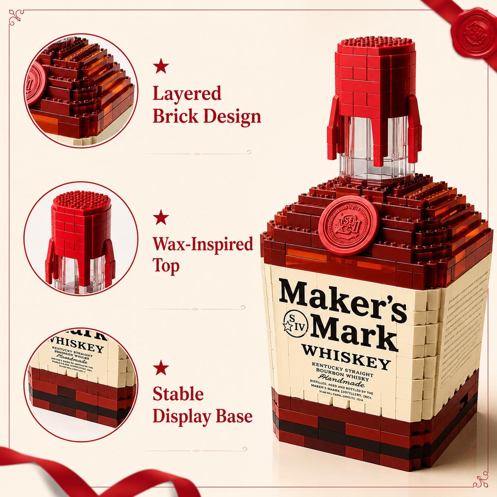 Creative Men Gift Maker's Mark Bourbon Whiskey Bottle Building Block Model Assembly Toy Desktop Bar Collectible Decoration