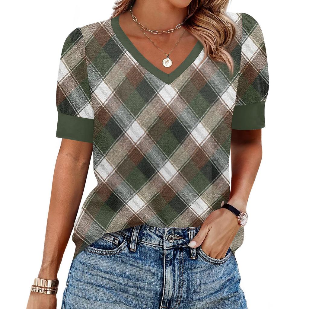 Damenmode Lässig V-Ausschnitt Kurzarm Print Shirt Damen Up Tops