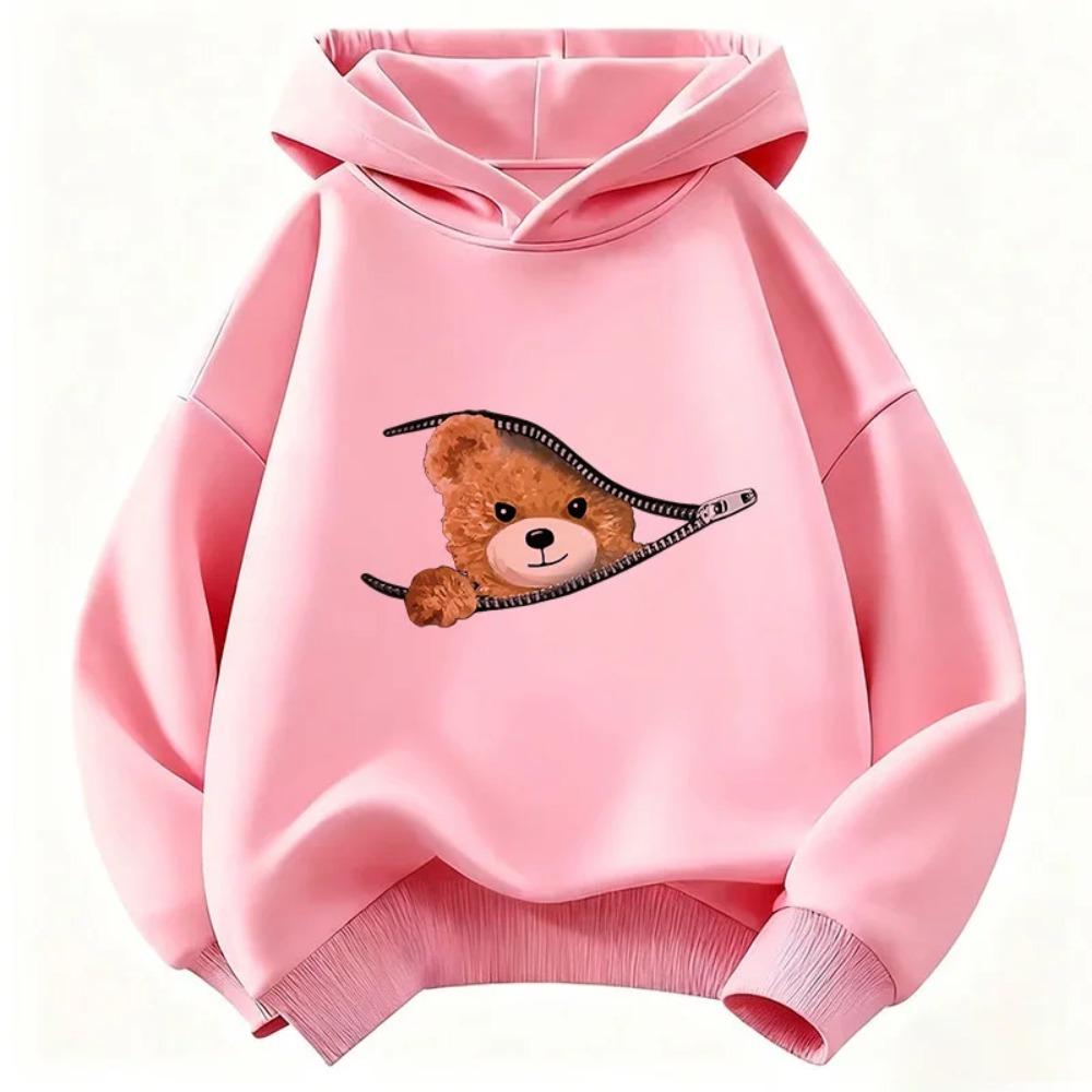 Children's Fun Zipper Bear Cartoon Printed Hooded Sweater Casual and Comfortable Long-sleeved Pullover