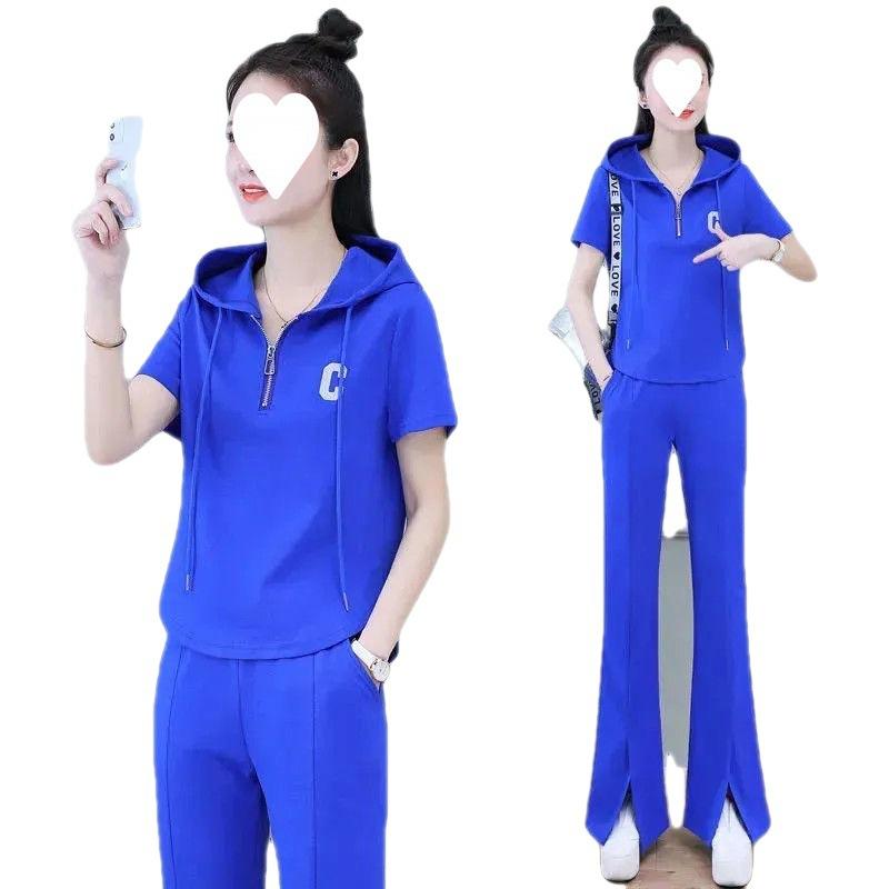 Fashionable Sports Suit for Women, Summer Short-sleeved Trousers, Versatile Hooded Casual Two-piece Set