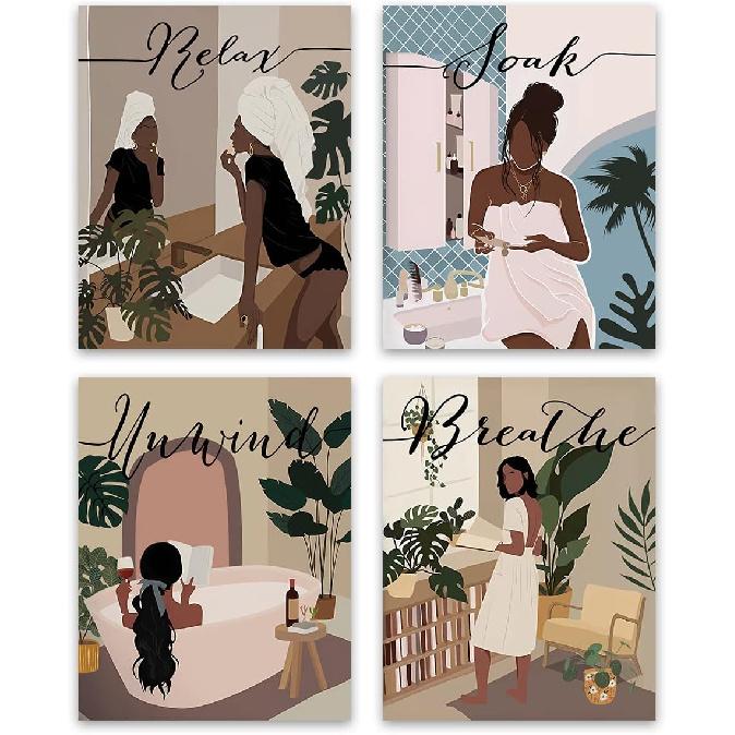 Black Woman Art Bathroom Decor n n Wall Art,Black Girl In Bathtub Canvas Wall Art Picture Modern Botanical Leaf Wall Decor,Black Woman Framed Artwork Unframed-8X10in- Black Wo