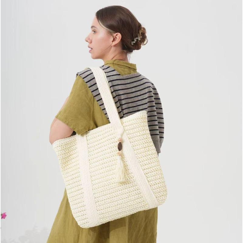 Simple woven straw bag solid color woven bag large capacity shoulder tote bag seaside vacation beach bag women