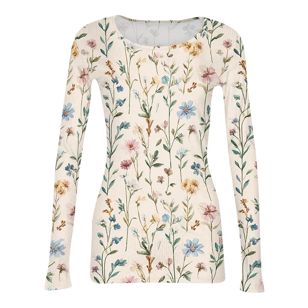 Women Casual Crew Neck Long Sleeve Ribbed Top with All Over Floral Print Lightweight Pullover Blouse for Daily Wear