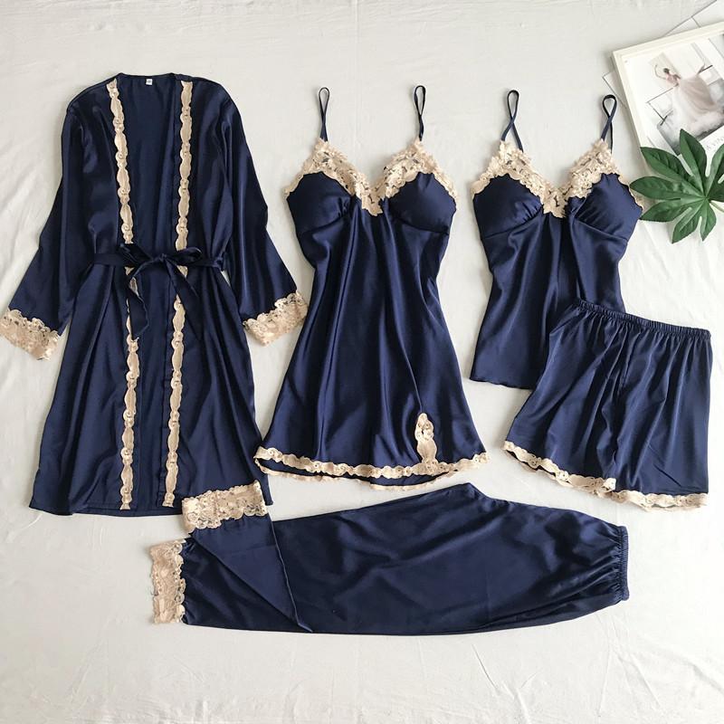 Silk Satin Pajama Set 5 Lace Patchwork Women's Pajama Set Top Shorts Loose Girdle Women's Pajama Home Wear with Chest Pad