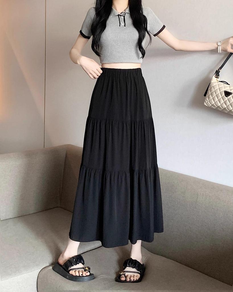 Women's High-Waist Drape Pleated A-Line Skirt - White Korean Style Midi with Hip-Covering Swing