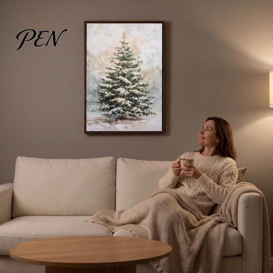 Decorative Christmas Tree Painting Wall Art, Light Up Snowy Pine Artwork, Rustic Framed Gift for Bedroom Office Canvas Art Farmhouse Home Kitchen