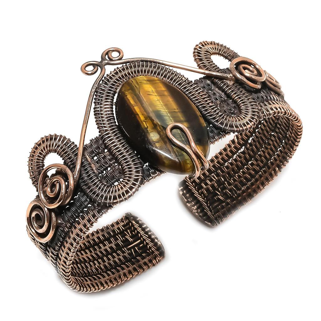 Tiger's Eye 999 Copper Wire Wrapped Silver Bangle Adjustable, Handmade Gemstone Jewelry, Gift For Mom Antique Jewelry