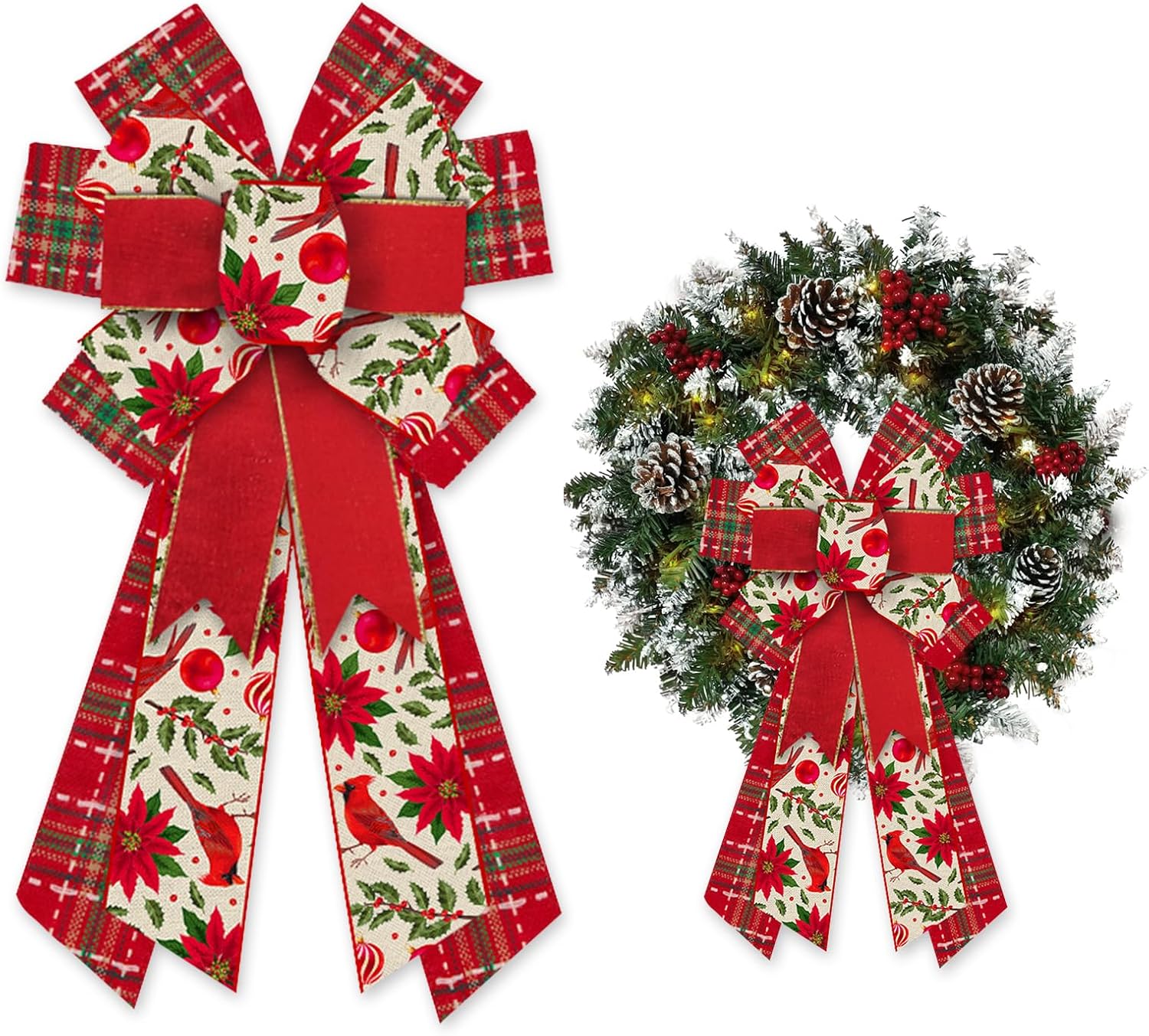

Large Merry Christmas Bows for Wreaths Christmas Wreath Bows Cardinal Bows Flower Poinsettia Buffalo Plaid Bows for Front Door 20.87 x 11.42in