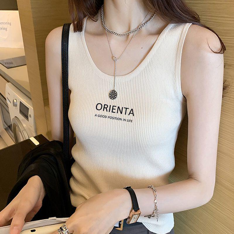 Women s White Camisole: 2025 Summer Slim Fit, Body-Shaping, Sexy Letter Print, French Style, Sleeveless Base Layer 2XL