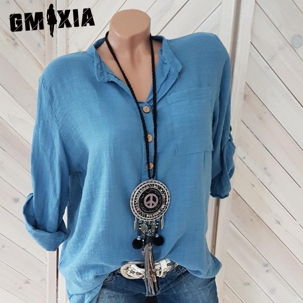 

GMXIA Женские модные повседневные однотонные блузки и рубашки-поло с длинным рукавом с принтом XXXXXL синий