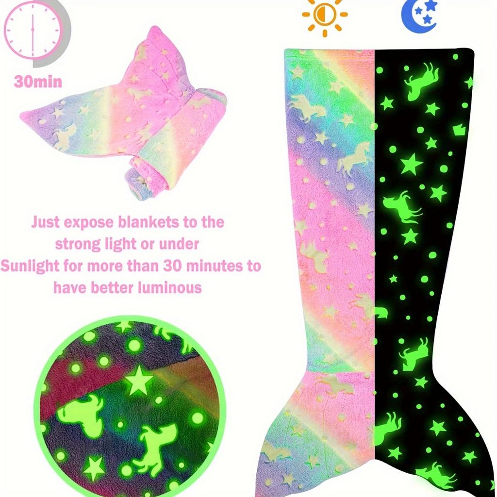 Cartoon Rainbow Unicorn Mermaid Tail Blanket Super Soft Glow In The Dark Flannel Mermaid Tail Blanket Gifts for Girls