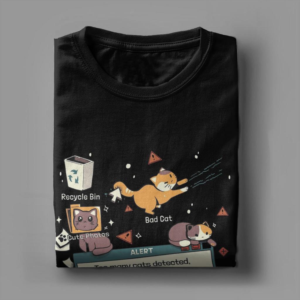 Men Too Many Cats Alert Playing Computer T Shirts  100% Cotton Clothing Casual Short Sleeve Crew Neck Tee Shirt Party T-Shirt