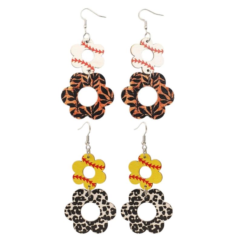 Retro Wood Earrings with Unique Hollow Flower and Cow Pattern Elegant Drop Ear Pendant for Stylish Ladies