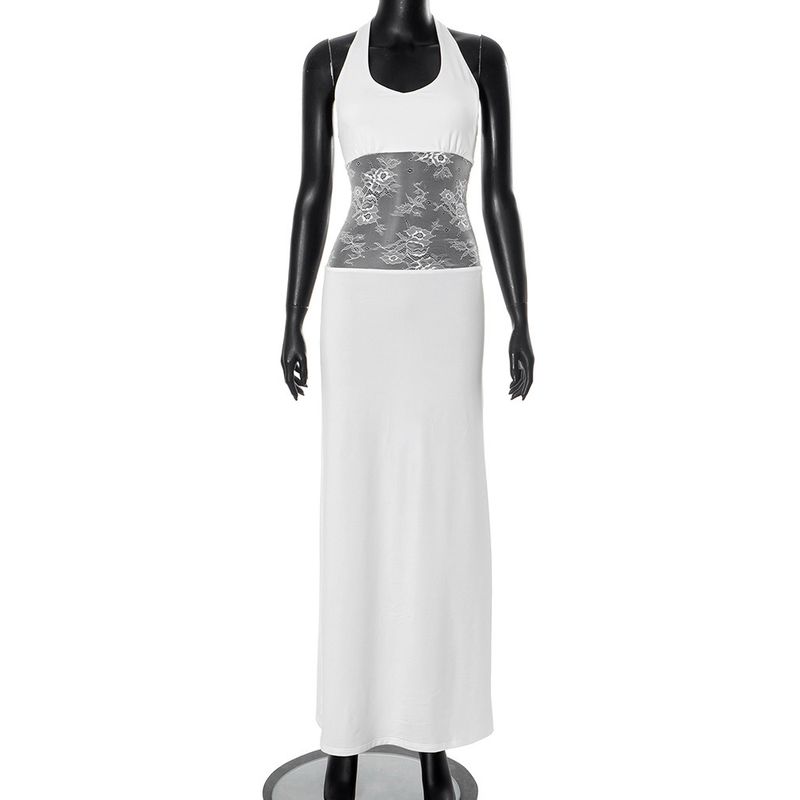 

C25ds041 European and American Women s Clothing Sleeveless Open Back U-Neck Lace Slim Fit Patchwork Halterneck Long Dress White S
