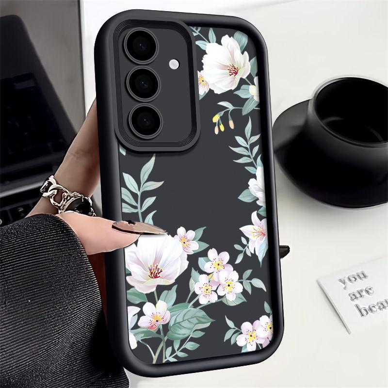 White Flower Pattern Matte TPU Soft Phone Case For Samsung S25 Plus S24 FE S23 Ultra S22 A56 A36 A16 A15 A55 A06 A05 A35 A34 Shockproof Bumper Cover