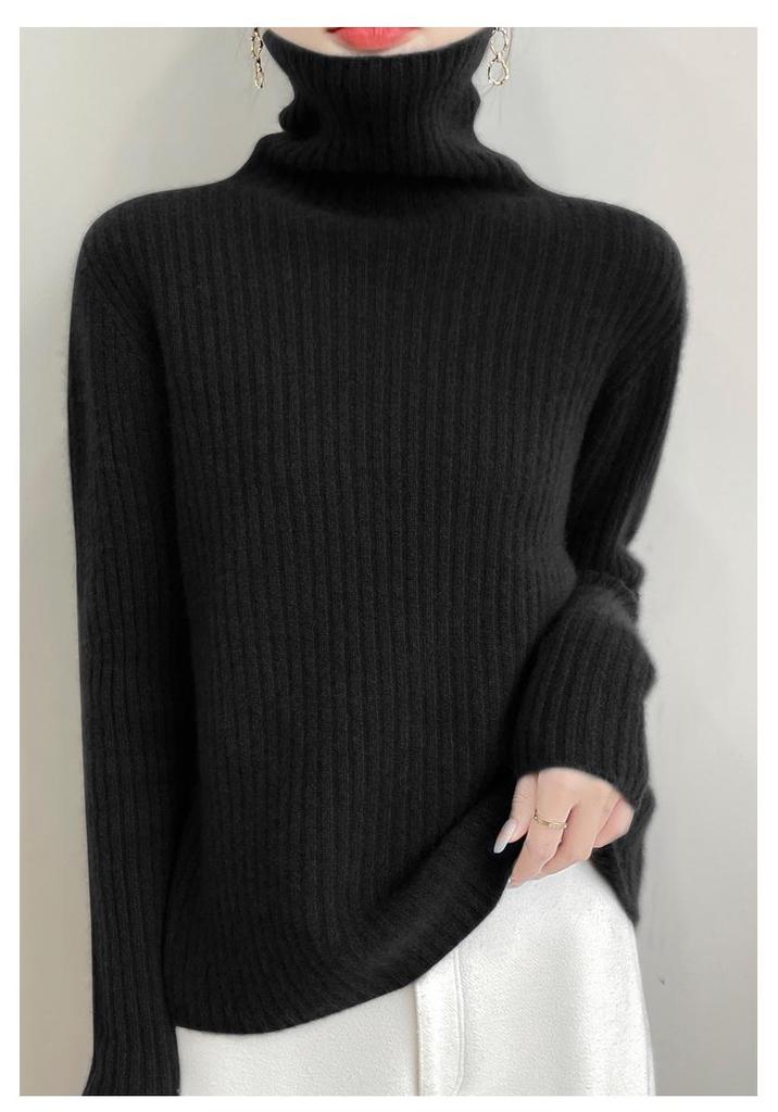 Women's Ribbed Turtleneck 100% Wool Sweater - Stylish Autumn/Winter Thick Knit Pullover Inner Layer Top