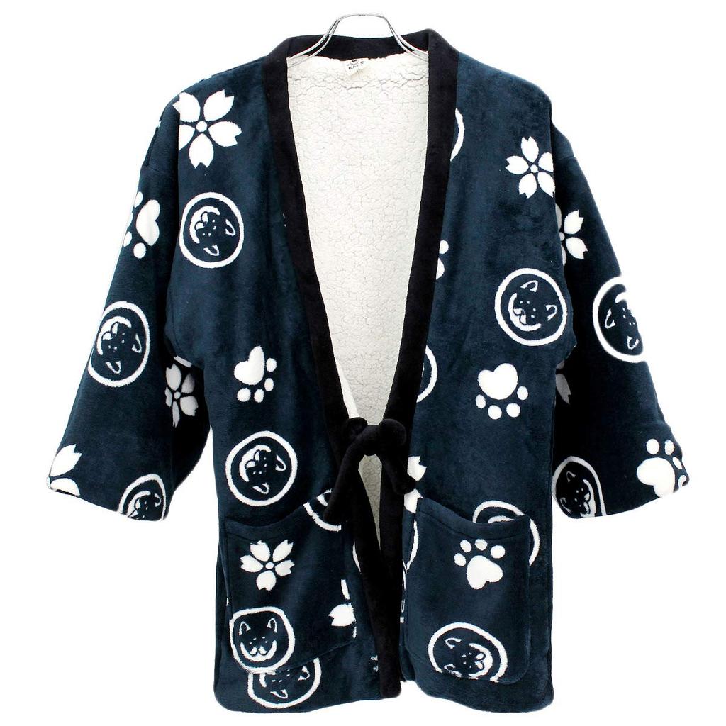 Wankodo Men's Warm Hanten Jacket, Large Size, Boa Fabric, Arabesque Print, Shiba Inu, Kyoto-Originated Mascot, Wankodo Chanchanko, Size LL, Navy