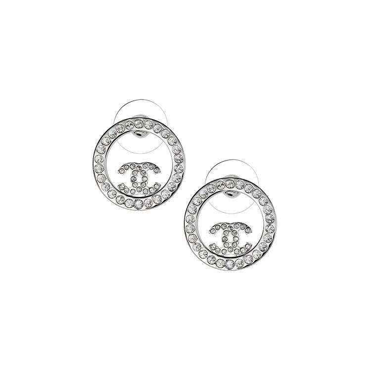

Chanel Super Sparkling Round Double C Crystal Silver Earrings Women earrings A96562-Y02003-Z3502 Box+Padding Board,Silver