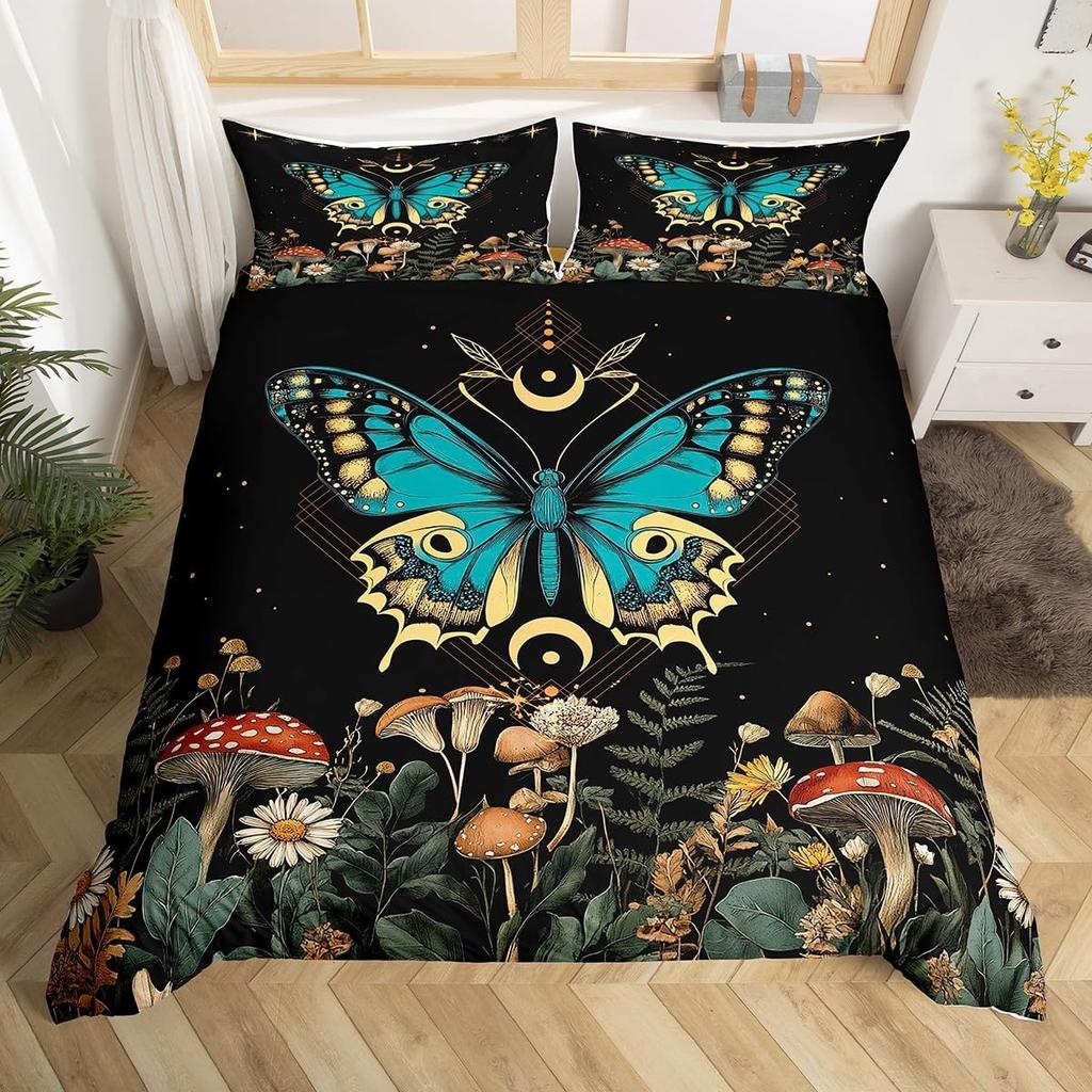 Boho Butterfly Duvet Cover Twin King,Star Moon Starry Sky Galaxy Bedding Set For Boy Girl,Cute Mushroom Daisy Flower Quilt Cover