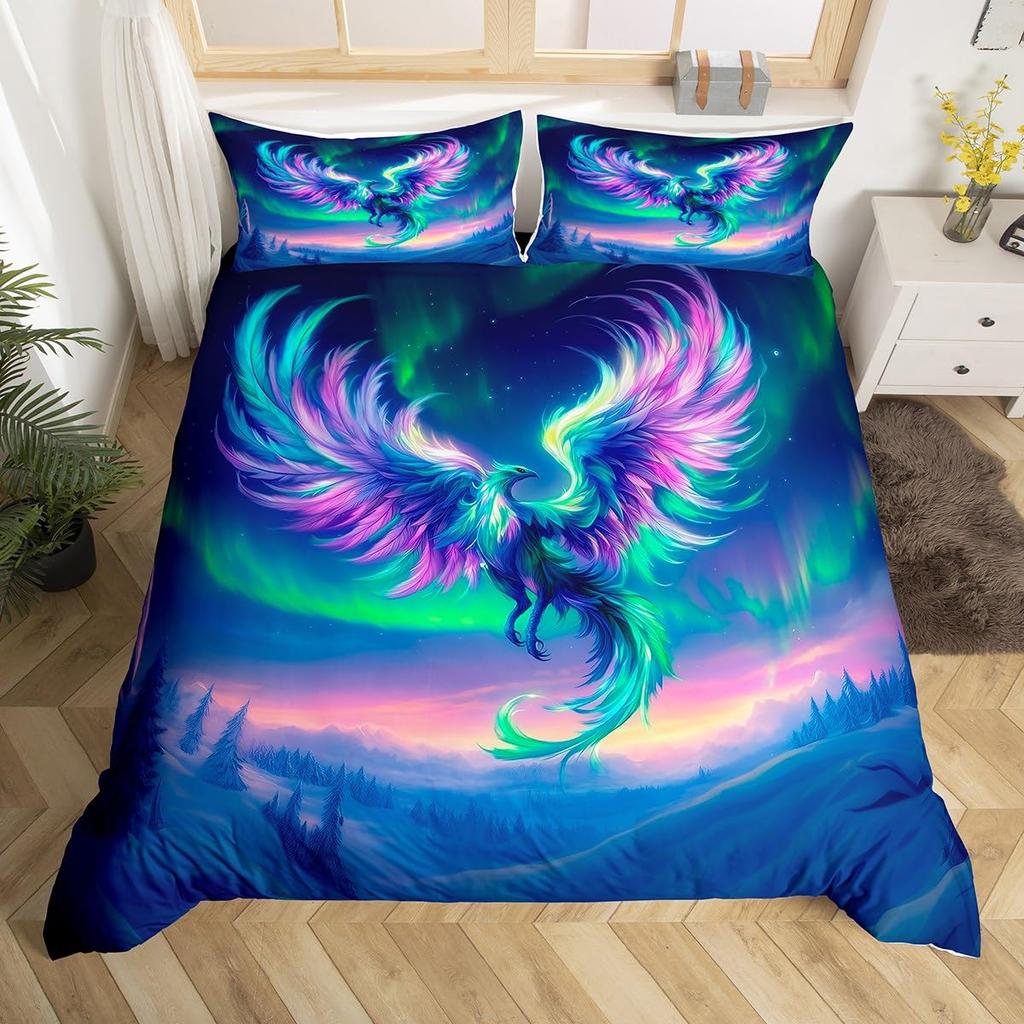 Colorful Phoenix Duvet Cover Set Cartoon Birds Bedding Set Full King Size Microfiber Flame Wings Comforter Cover For Boys Girls