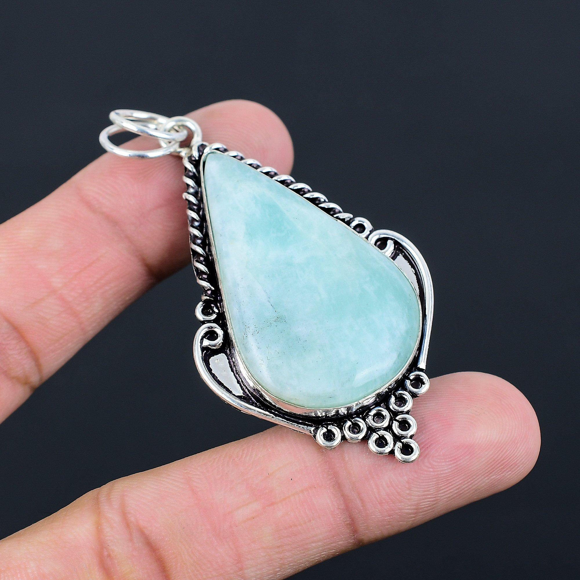 925 Sterling Silver Pear Natural Amazonite Heart Chakra Artisan Birthday Pendant