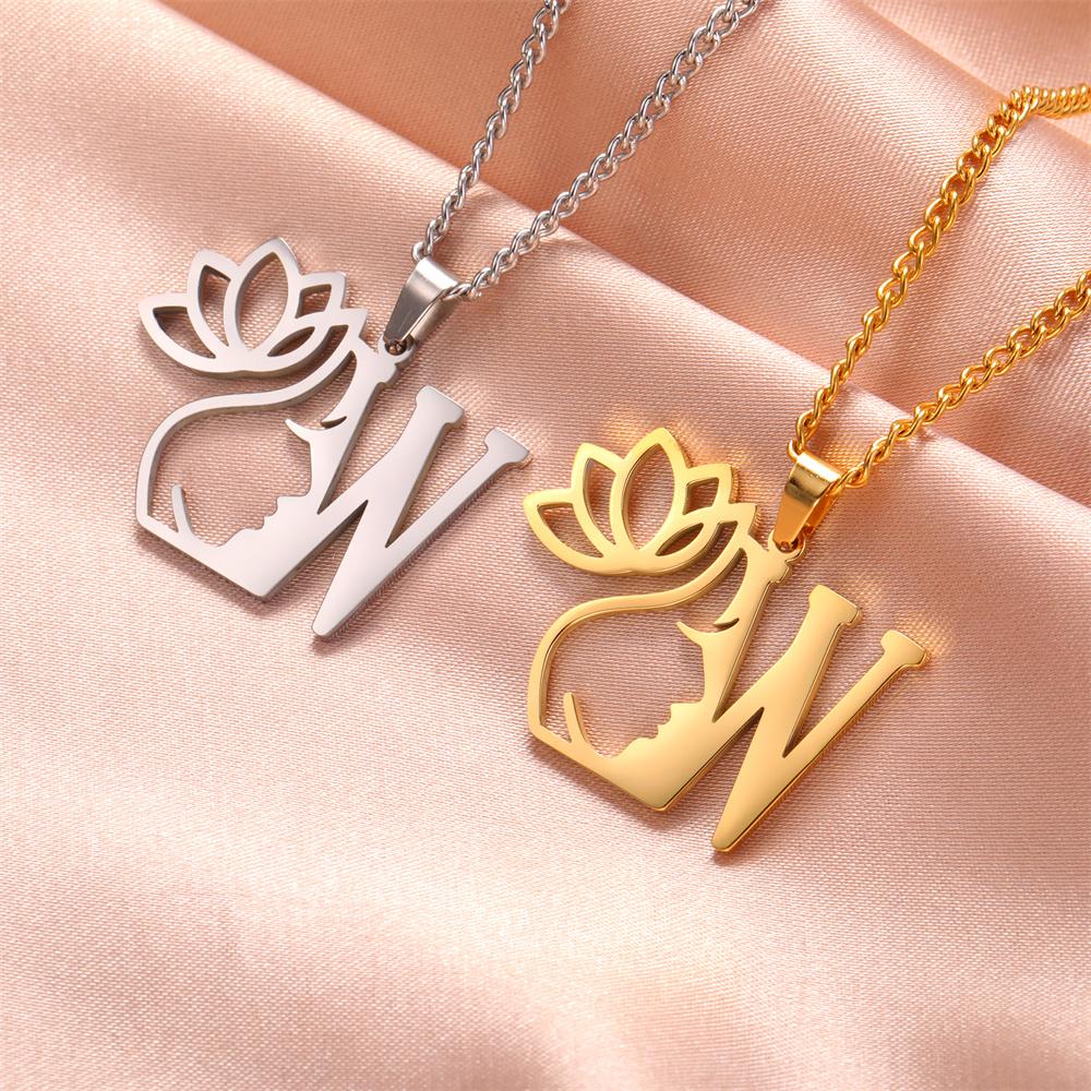 

My Shape Beauty Lotus Flower Initials Necklace Women Girl Gifts Stainless Steel Letter Alphabet Pendants Choker Fashion Jewelry Steel Color&45cm