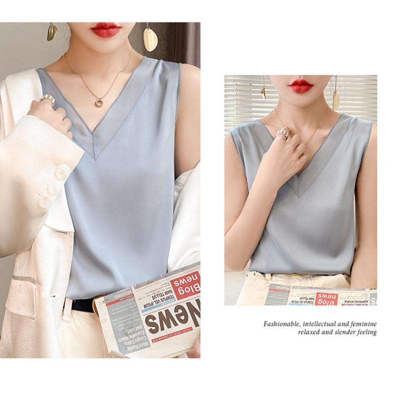 Camisole en soie glacée à col en V et épaules larges pour femme