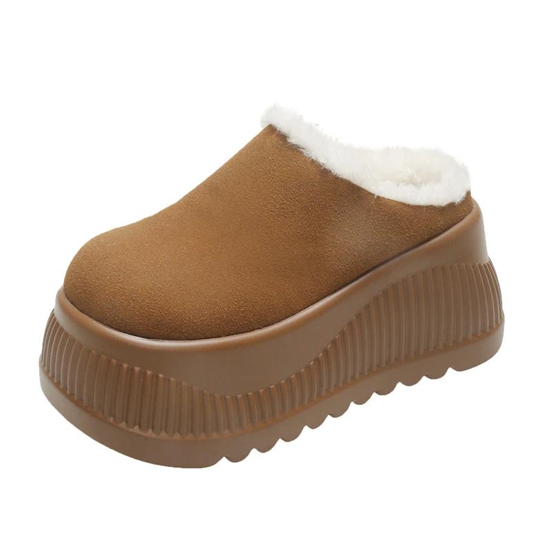 

9CMПлатформа Высокий каблук Тапочки Женские замшевые мюли Туфли Меховые теплые танкетки Шлепанцы Зимние новые зимние сапоги Мода Zapatos Mujer 34 коричневый