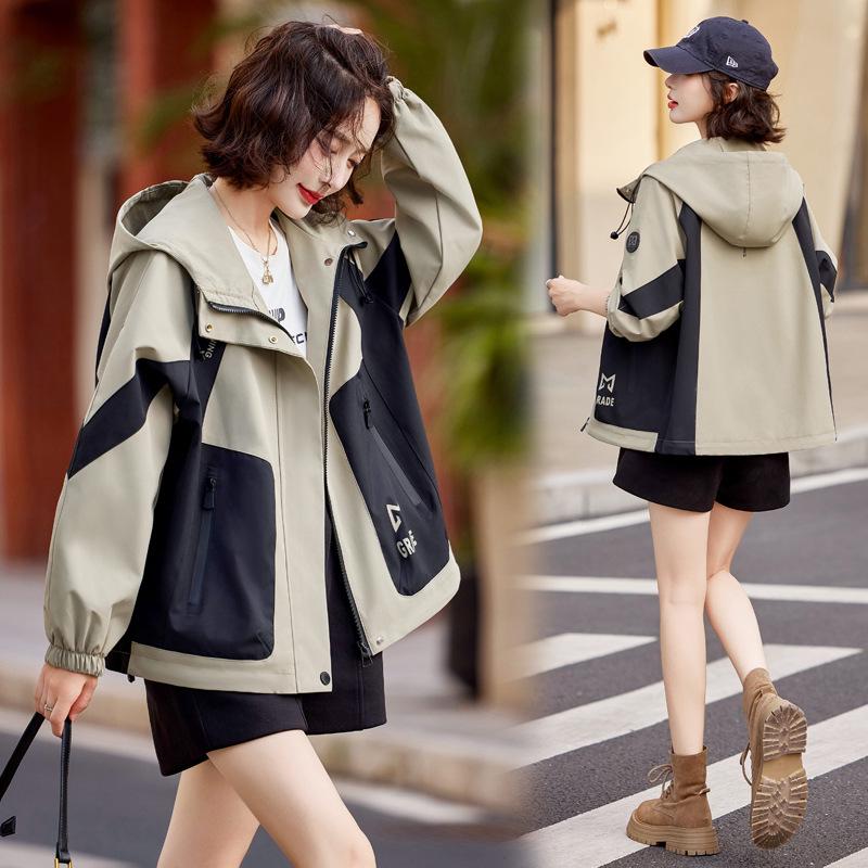 

Женская ветровка с капюшоном в стиле колор-блок - Свободная куртка для работы на весну/осень M (90-115 lbs)