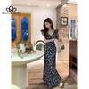 Spring Summer New French Style Rose Floral Black Printed Dress Long Ruffled V-Neck Flying Sleeve Long Dress