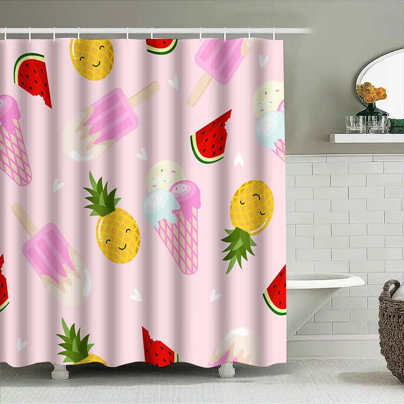 Pink Color Shower Curtain With Ice Cream Pineapple Watermelon Design For Bathroom Decor Free Shipping