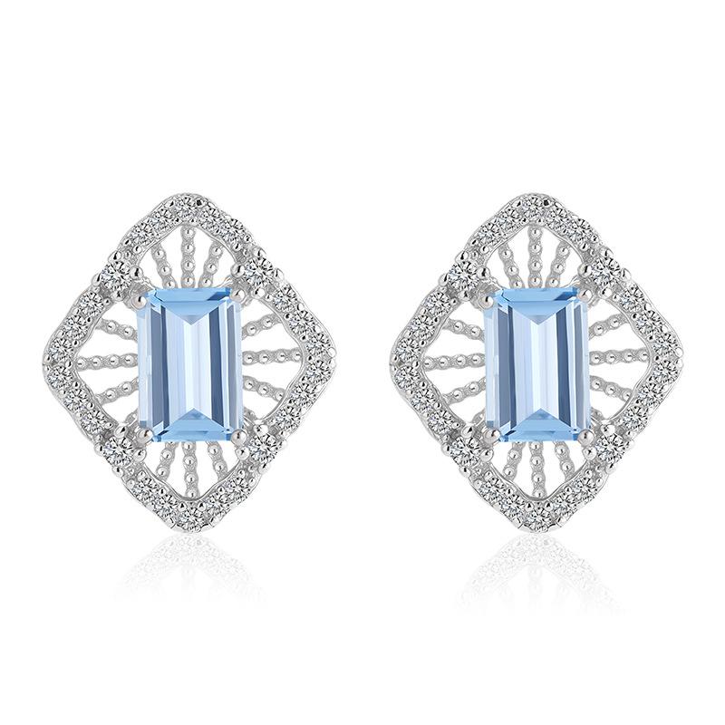 S925 Silver Stud Earrings with Natural Crystal/Topaz, Hollow Geometric Jewelry for Women