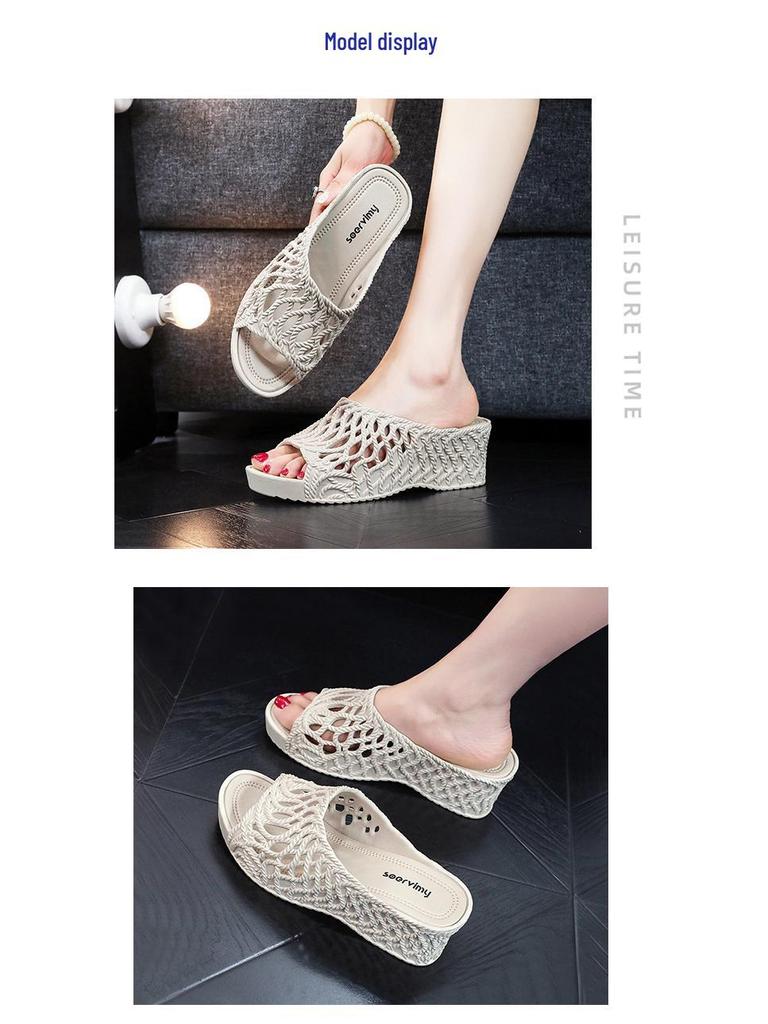 Women's 2025 Fashion High Heel Non-Slip Slippers - Summer Hollow Out, Comfortable, Thick Sole, One-Strap Design for Outdoor Use