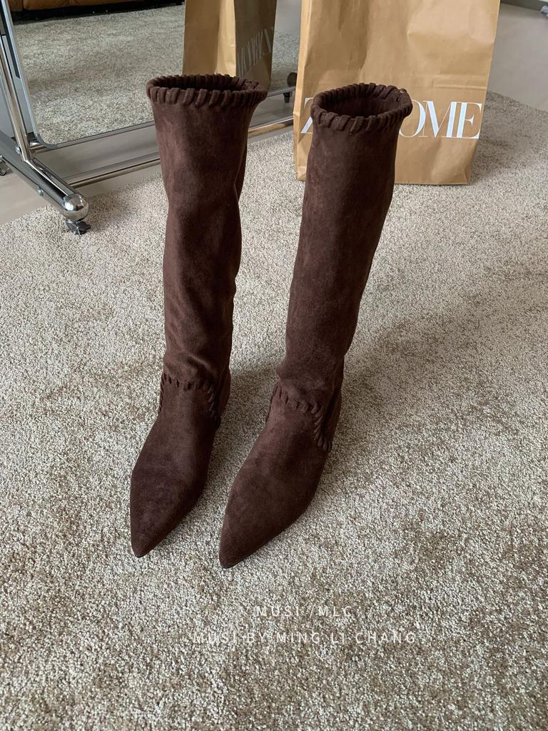 2025 winter new suede inner heightening knight boots long boots pointed but knee long boots children's pleated stacking boots