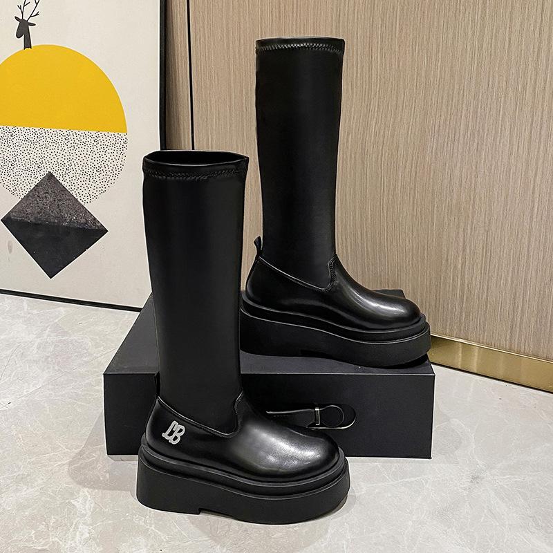 Fashion High Quality Stretchy Slip-on Platform Boots Spring Autumn Commuter Fashion Black Long Women Boots for Women Zapatos De Mujer