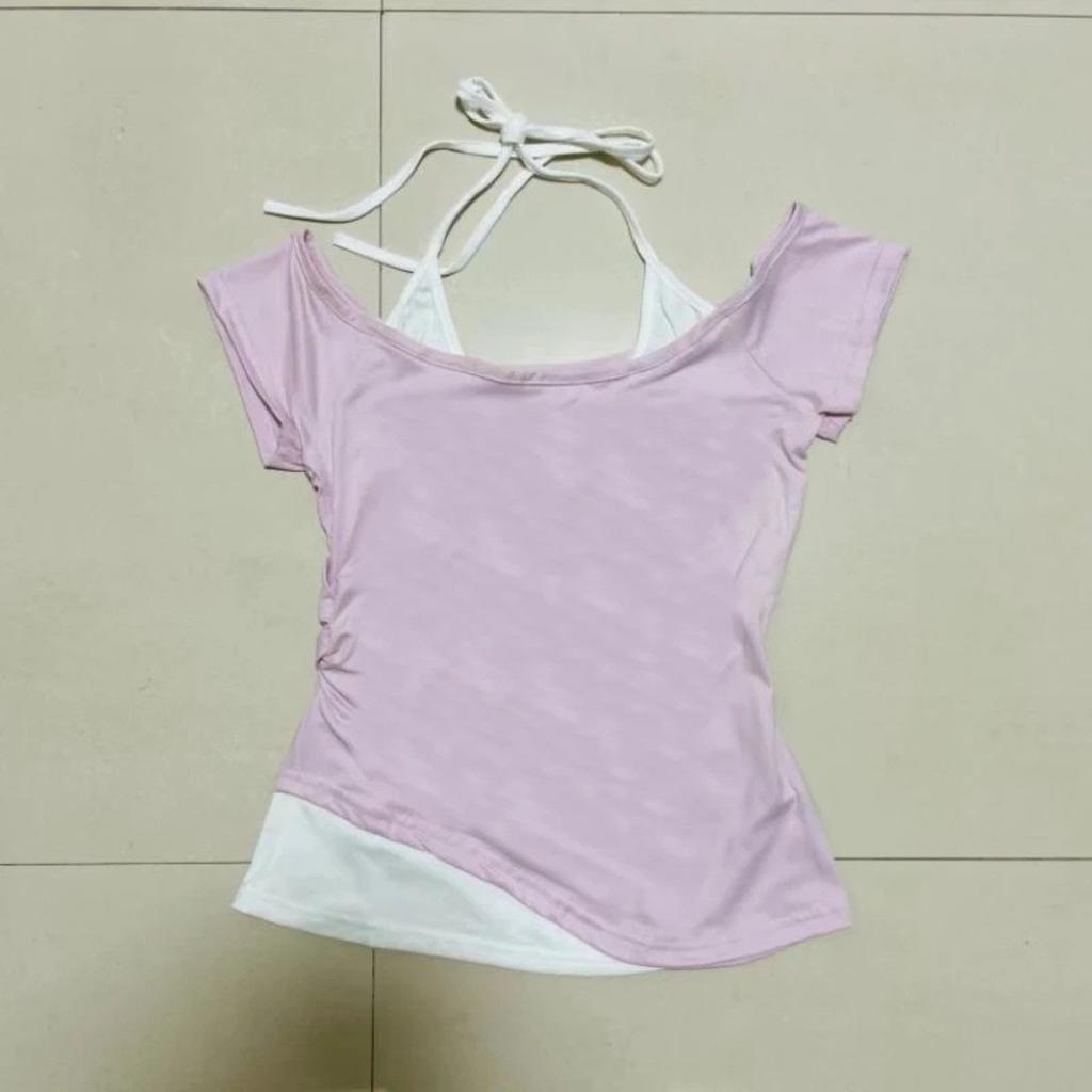 TrendHub Y2k Schlankes Print-Oberteil Damen Schulterfrei Kurzarm T-Shirt Neploe Amerikanischer Vintage Falsches Zweiteiliges Neckholder Schnürung T-Shirts