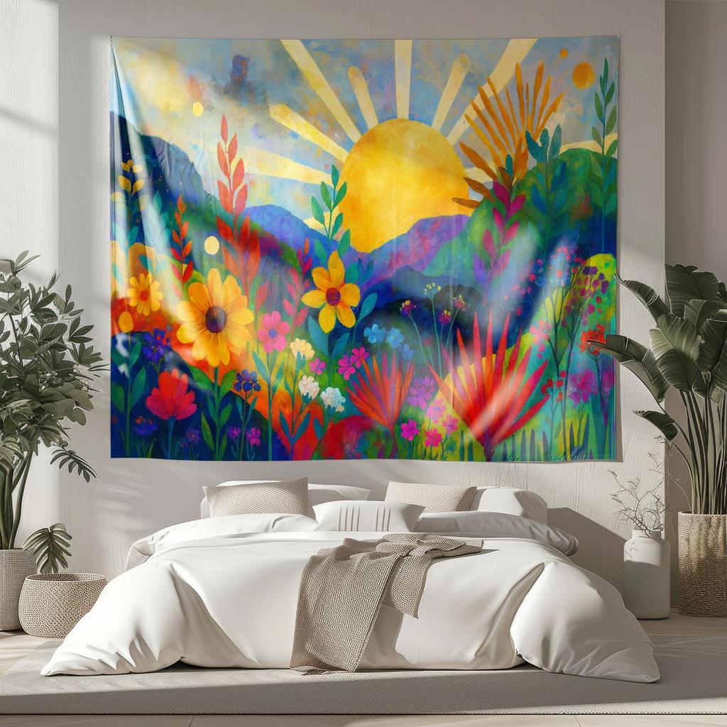 Colorful Floral Sunrise Tapestry Boho Nature Wall Art