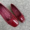 Women's New Soft Leather Flat Shoes,Square Toe Bow Knot Red Casual Flats