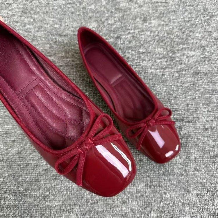 Women's New Soft Leather Flat Shoes,Square Toe Bow Knot Red Casual Flats