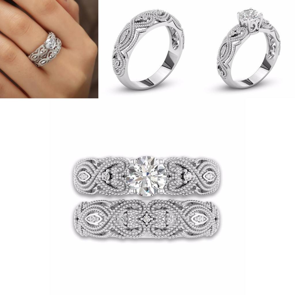 Elegant 2-in-1 Womens White Retro Engagement Wedding Band Heart Rings Set For Brides