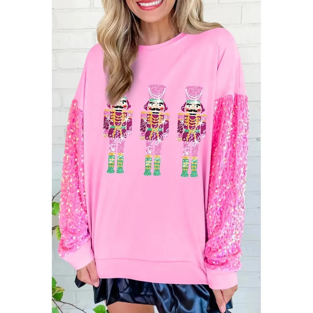Christmas Glitter Hoodie Stylish Women's Christmas Tree Long Sleeve Top Cute Gingerbread Man Casual T-Shirt Chic Holiday Attire