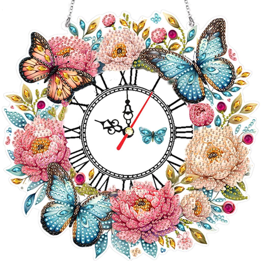 2D Flat DIY Wreath Irregular Shaped Drilling Diamond Painting Clock Pendant 5D Hanging Clock Art Craft for Home Decoration