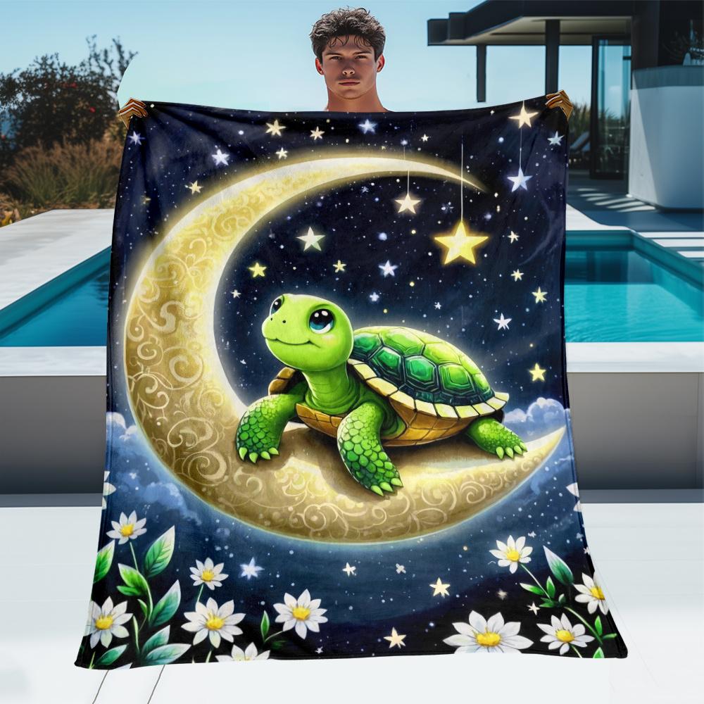 Cute Turtle on Crescent Moon Starry Night Fleece Blanket Dreamy Celestial Design Soft Flannel Throw Baby Nursery Decor Gift for