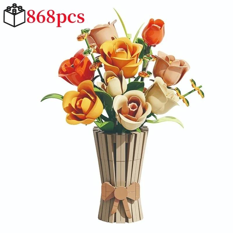 Creative Rose Building Blocks Set Model Flower Pot Decorative Bouquet Model DIY Toys For Kids Valentine's Girl Holiday Gifts