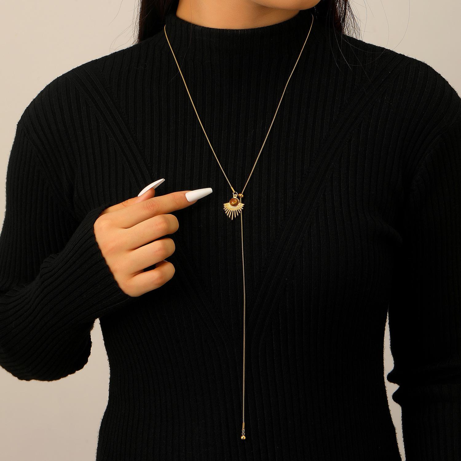 Золотое ожерелье с подсолнухом и тигровым глазом для женщин - Ретро цепочка для свитера с меланжевыми съемными аксессуарами